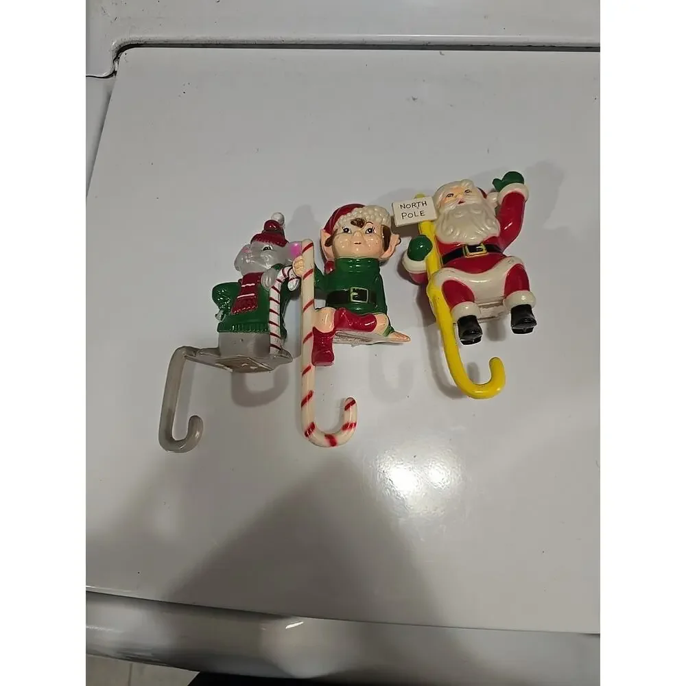 Vtg 70s Lot Hard Plastic Shelf Sitters Santa Mouse Elf Hong Kong Stocking Holder